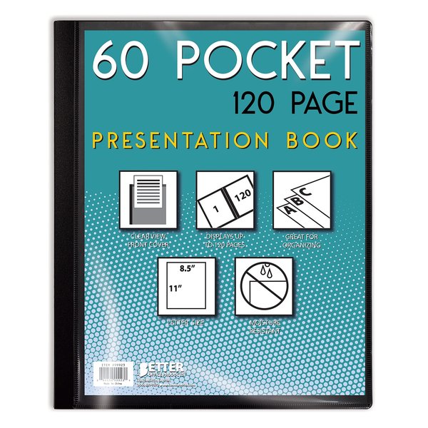 Better Office Products Presentation Book, 60-Pocket, Black, W/Clear View Front Cover, 8.5in. x 11in. Sheets 32040